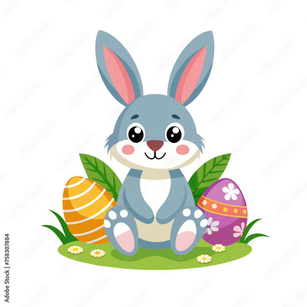 Easter bunny rabbit with Easter basket full of decorated Easter eggs Easter bunny rabbit with Easter basket full of decorated Easter eggs