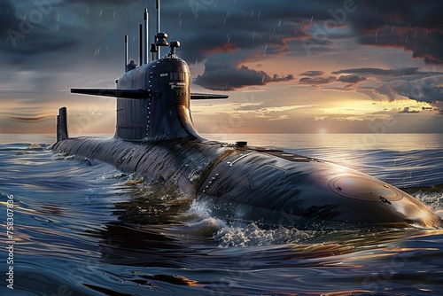 A large submarine is in the water, with the sun setting in the background