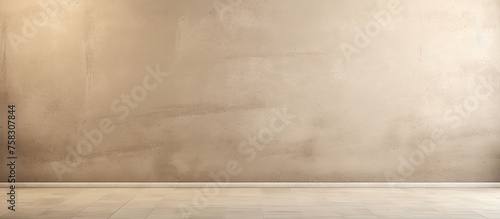 An empty room with a beige hardwood flooring made of plywood, featuring a concrete wall and floor with tints and shades of brown