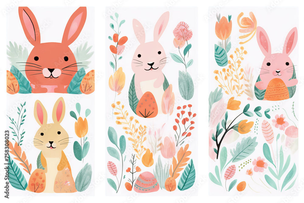 cover leaves collection easter drawn easter rabbit pastel happy floral decorate cute watercolor decorative card element adorable background eggs kids design doodle hand vector set