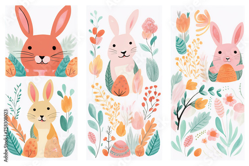 cover leaves collection easter drawn easter rabbit pastel happy floral decorate cute watercolor decorative card element adorable background eggs kids design doodle hand vector set
