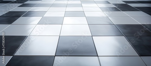 The flooring in the building features a black and white checkered pattern resembling a chess board. The rectangular tiles create a sense of parallel symmetry with varying tints and shades of grey photo