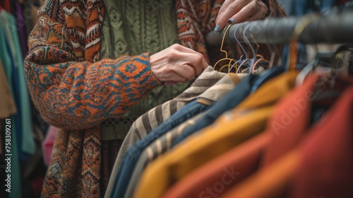 Close-up of a person's hands browsing through a colorful selection of clothing at a vintage fashion store. AIG41