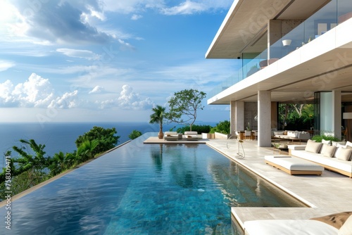 A large pool with a glass wall and a balcony overlooking the ocean © top images