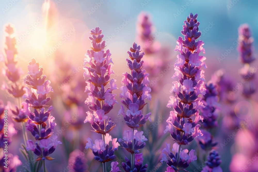 A field of purple flowers with the sun shining on them A field of purple flowers with the sun shining on them