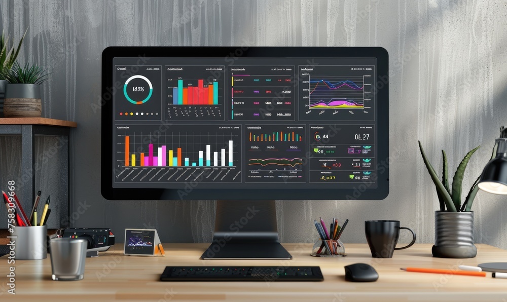 Monitor with web page showing a dashboard with colorful graphics Monitor with web page showing a dashboard with colorful graphics