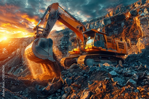 A large orange and black construction vehicle is digging into a pile of rocks