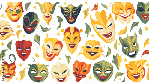 A whimsical pattern of theatre masks representing c