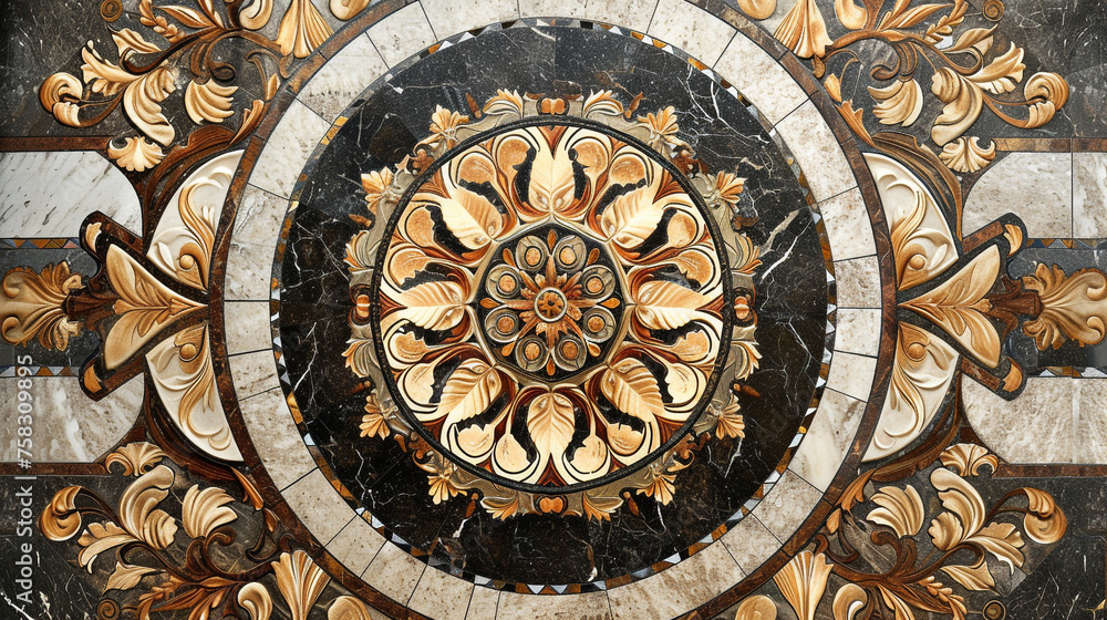 Victorian-inspired office, circular marble mosaic with intricate floral patterns. Background Vintage elegance.