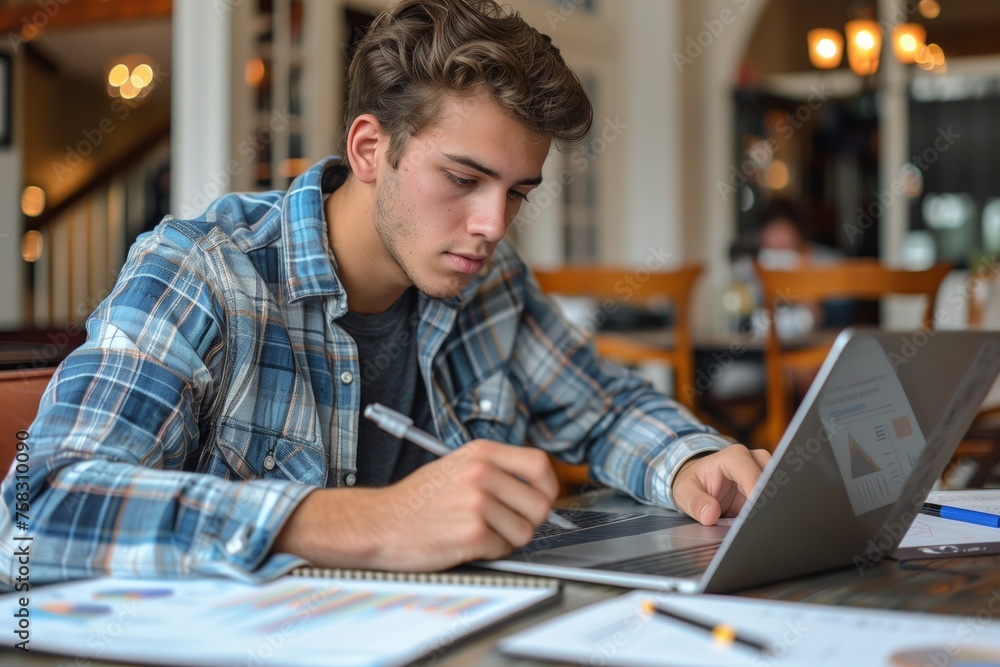 A focused young man is absorbed in studying, writing notes alongside his laptop in a cafe, indicating a commitment to learning and the use of technology for education. A focused young man is absorbed in studying, writing notes alongside his laptop in a cafe, indicating a commitment to learning and the use of technology for education.