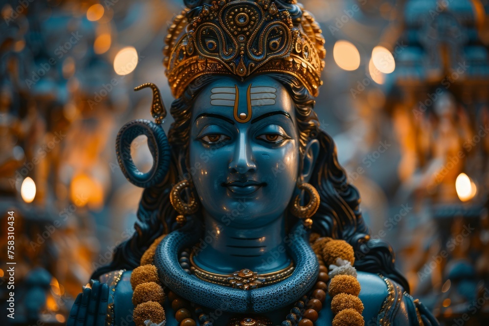 A blue statue of a Hindu god with a snake around his neck A blue statue of a Hindu god with a snake around his neck