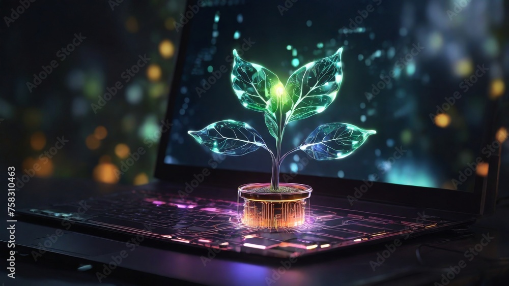 Generative AI illustration of glowing big plant growing on computer chip representing digital ecology business and blurred background - obrazy, fototapety, plakaty 