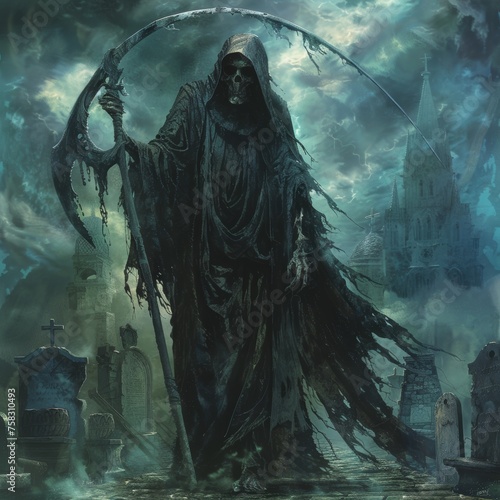 Grim Reaper holding scythe ominously.