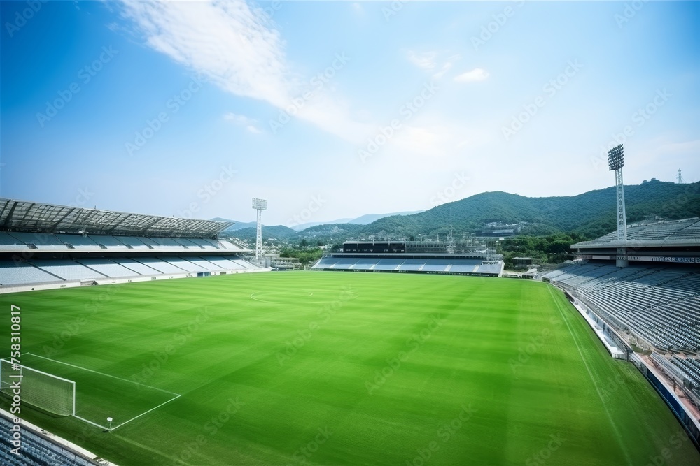 Beautiful soccer stadium with lush green natural grass field, perfect for playing on a sunny day