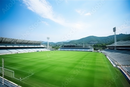 Beautiful soccer stadium with lush green natural grass field, perfect for playing on a sunny day © sorin