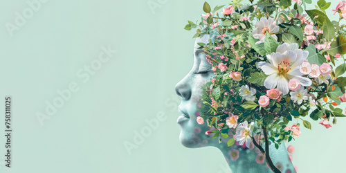 tree flowers tree on human head illustration 3d art with free space to place. Light green background modern painting. Girl abstract background photo