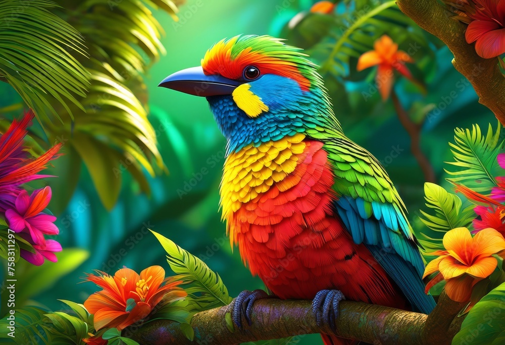 Fototapeta premium illustration, colorful bird perched branch natural habitat bird watching enthusiasts, nature, feathers, wildlife, ornithology, activity, outdoors, avian