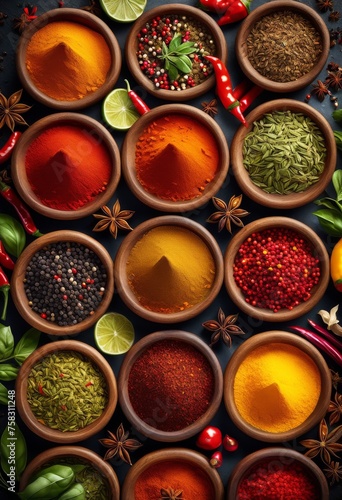 Fototapeta Naklejka Na Ścianę i Meble -  illustration, variety colorful spice mixes cooking diverse flavors aromas seasoning blends, aromatic, flavorful, savory, tasty, vibrant, piquant, fragrant, organic