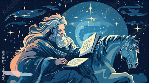 A wise centaur reading a scroll under a starry nigh