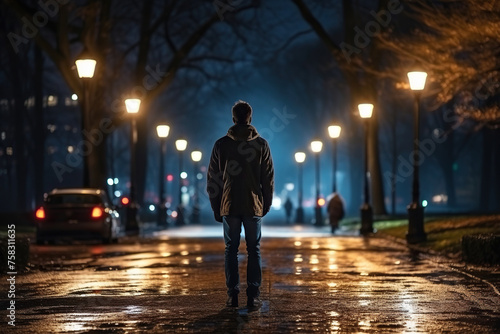 Rear view of one man on a dark street. Generated by artificial intelligence