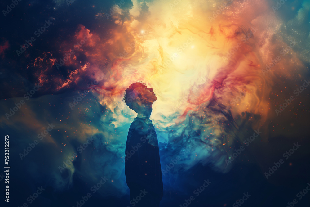 Silhouette on a young man against a swirling sky Silhouette on a young man against a swirling sky