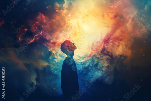 Silhouette on a young man against a swirling sky