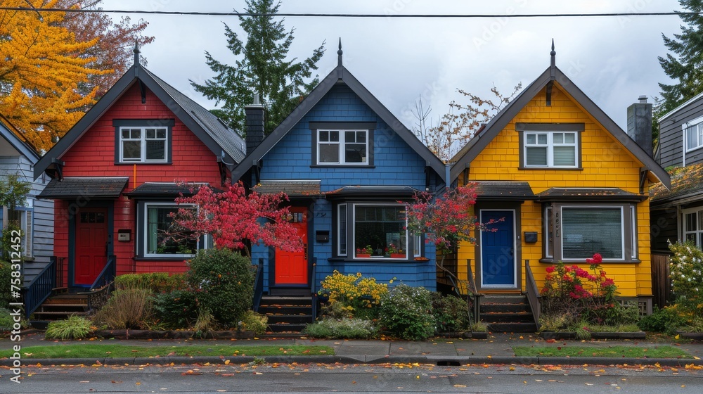 Colorful Houses Lining the Neighborhood Street