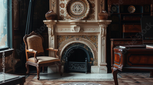 Victorian-style office, circular marble mosaic fireplace surround. Background vintage rose.