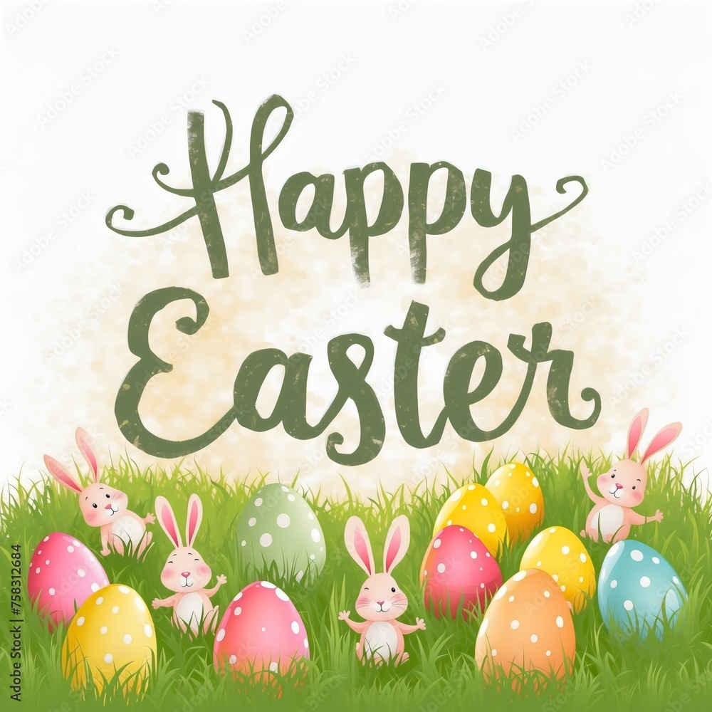 Happy Easter text greeting card with colorful egg and bunnies in grass, isolated on a white background, flyer