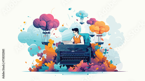 A writer with a typewriter and a thought bubble fil
