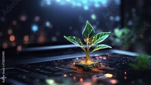 Generative AI illustration of glowing big plant growing on computer chip representing digital ecology business and blurred background photo
