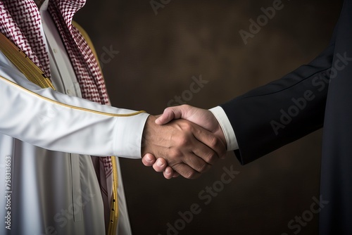 An Arab person shaking hands with a businessman, one color background , copy space - generative ai