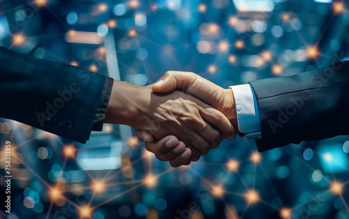 Businessman handshake via virtual network. Close up of business people shaking hands. © Harry