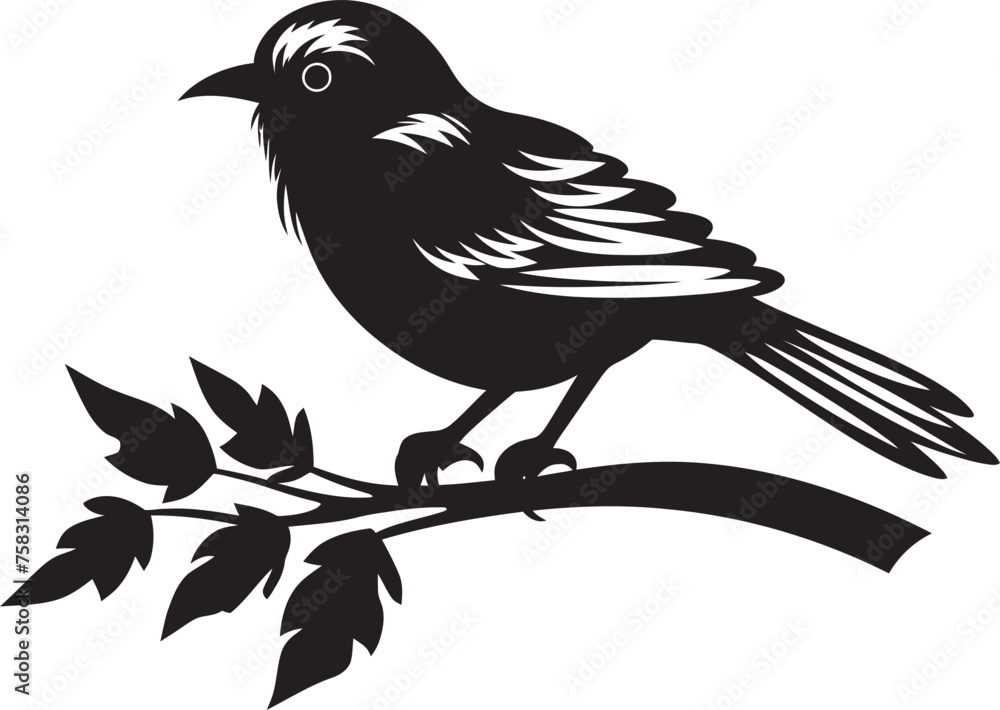 Fototapeta premium Ethereal Avian Symphony: Tropical Bird Perched on Branch Vector Black Logo Icon Radiant Feathered Charm: Cute Tropical Bird on Branch Black Logo Vector Design