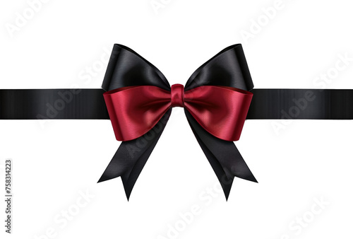 Czarno - czerwona, czarna, kokarda na przezroczystym tle. Gruba wstążka. Walentynki, urodziny, prezent, elegancka dekoracja.