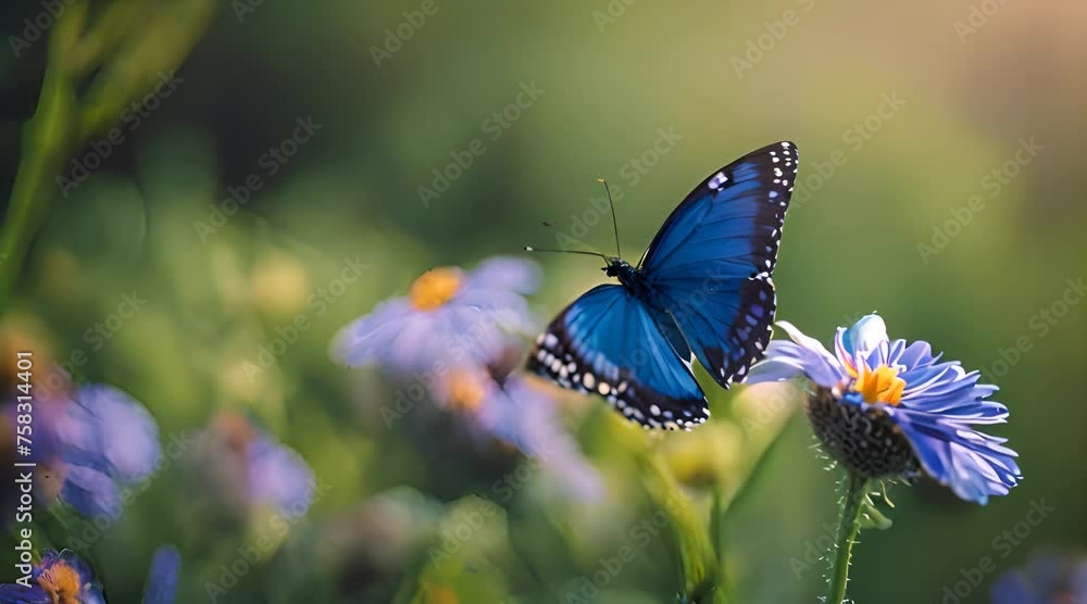 blue winged butterfly on a blooming flower in spring with a blurred background blue winged butterfly on a blooming flower in spring with a blurred background
