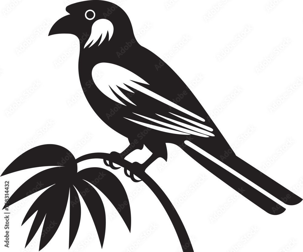 Naklejka premium Serene Plumage Symphony: Tropical Bird on Branch Black Logo Vector Design Ethereal Avian Majesty: Cute Bird Perched on Branch Vector Black Logo Icon