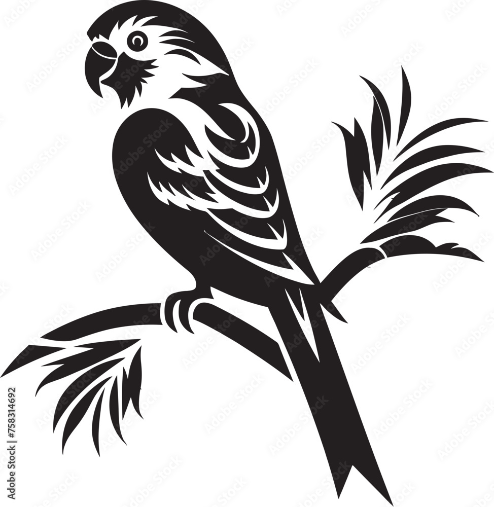 Fototapeta premium Vibrant Jungle Serenity: Perched Bird Vector Logo Icon Design Enchanting Rainforest Haven: Tropical Bird Black Logo Vector