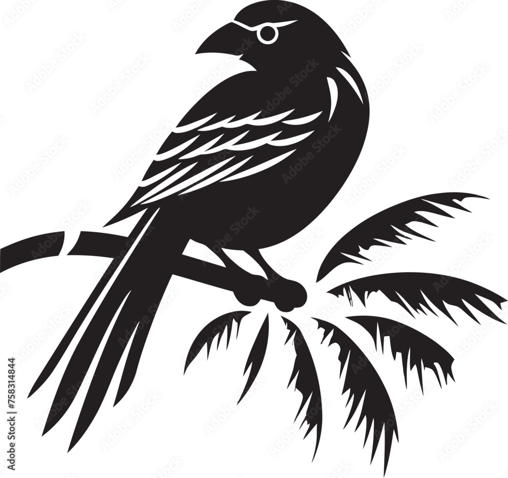Fototapeta premium Whimsical Avian Charm: Tropical Bird Black Logo Vector Majestic Jungle Sanctuary: Perched Bird Vector Logo Icon Design