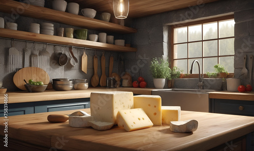 Feta cheese, chunks of cheese on a wooden board © A_A88