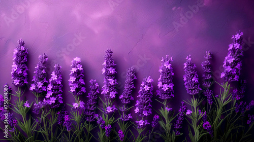 Lavender flowers on a purple background. Place for text.