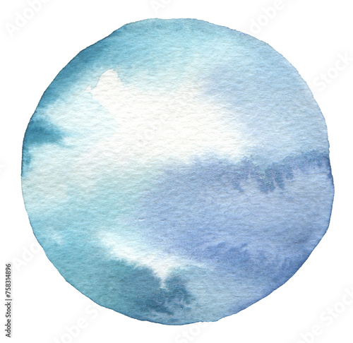 Art circle hand drawn brushstroke painting smear ink watercolor blot. Abstract blue wet stain on white background. © Liliia