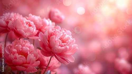 Beautiful pink peony flowers on blurred bokeh background.