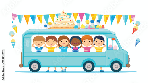 Flat icon A blue ice cream truck with colorful flag