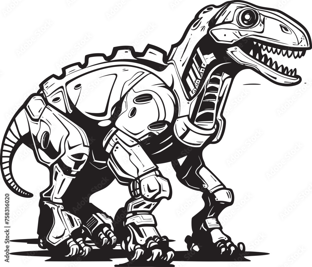 Fototapeta premium Techno-Tyranno Crest: Black Logo Icon Design Depicting Futuristic Dinosaur Robotics in Vector Robo-Dino Badge: Vector Black Logo Icon Design Representing Futuristic Dinosaur Innovation