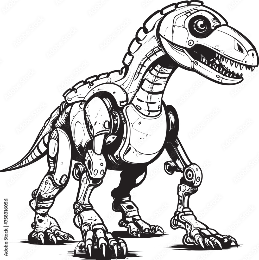 Fototapeta premium Techno-Tyranno Symbol: Black Logo Icon Design Featuring Futuristic Dinosaur Robotics in Vector Robo-Dino Symbol: Vector Black Logo Icon Design for Robotic Dinosaur Evolution