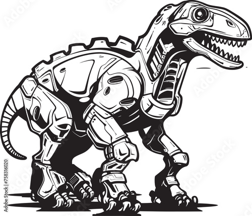 Techno-Tyranno Crest: Black Logo Icon Design Depicting Futuristic Dinosaur Robotics in Vector Robo-Dino Badge: Vector Black Logo Icon Design Representing Futuristic Dinosaur Innovation © BABBAN