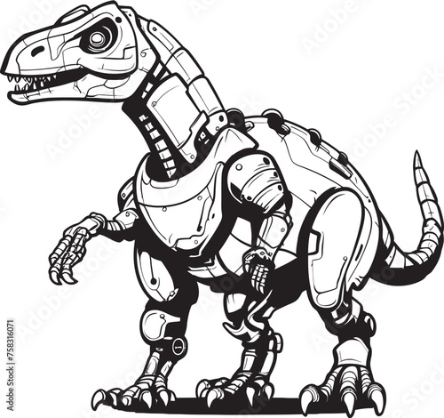 Mech-Tyranno Badge: Black Logo Icon Design Illustrating Robotic Dinosaur Evolution in Vector Techno-Dino Symbol: Vector Black Logo Icon Design for Cutting-Edge Dinosaur Robotics © BABBAN