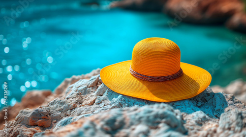 Straw hat on a rock by the sea. Selective focus.