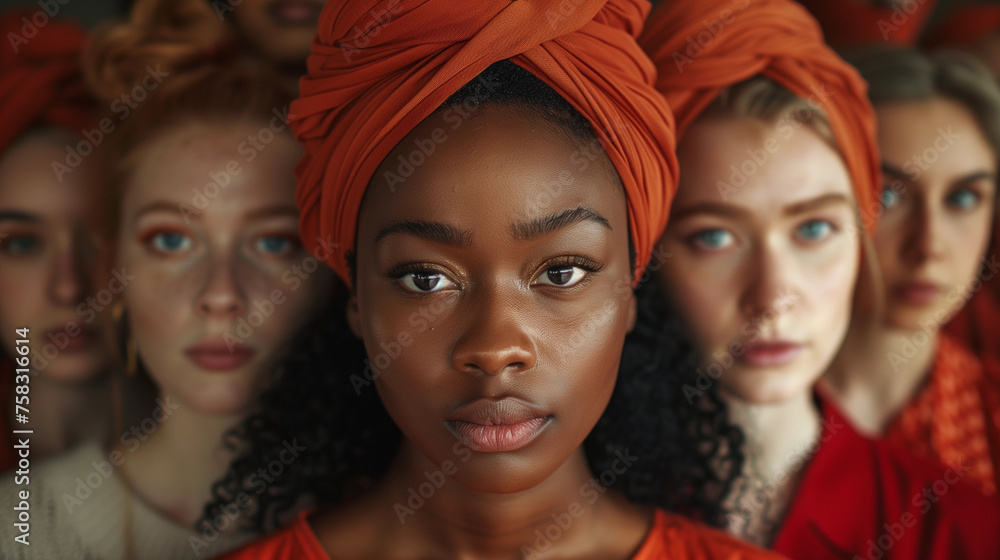 A group of different women standing together. The camera focuses on the first person A group of different women standing together. The camera focuses on the first person